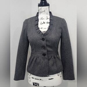 Ann Taylor Loft Women's Grey Wool Blend Ruffled Collar Crop Blazer Size 0P NWT